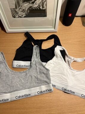 Calvin Klein Cotton Blend Racerback Bralette Trio - Black, Gray, White